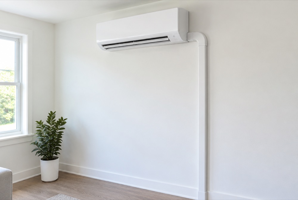 New ductless mini-split indoor unit installed on a Miami home wall with line-set cover