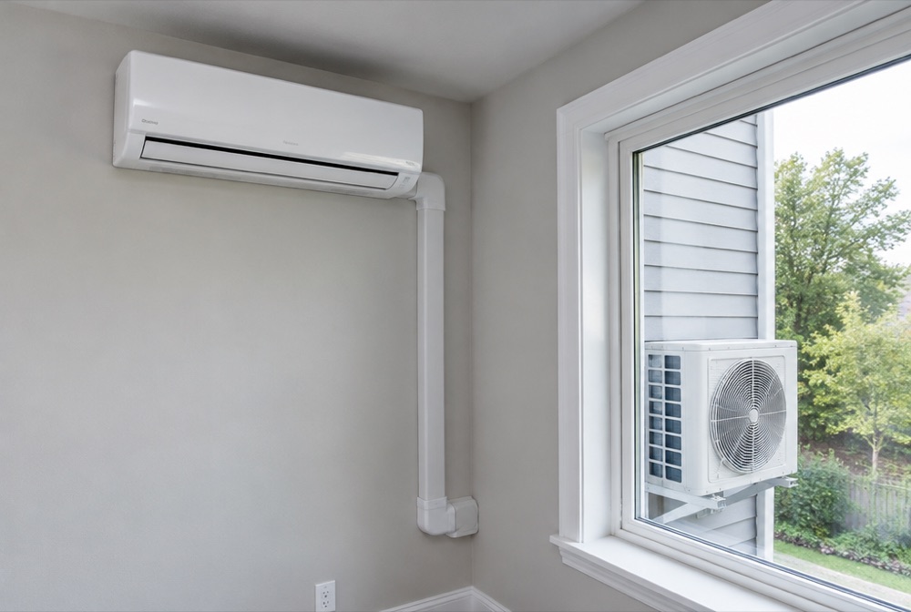 Completed ductless mini-split installation with the indoor unit, line-set cover, and outdoor condenser