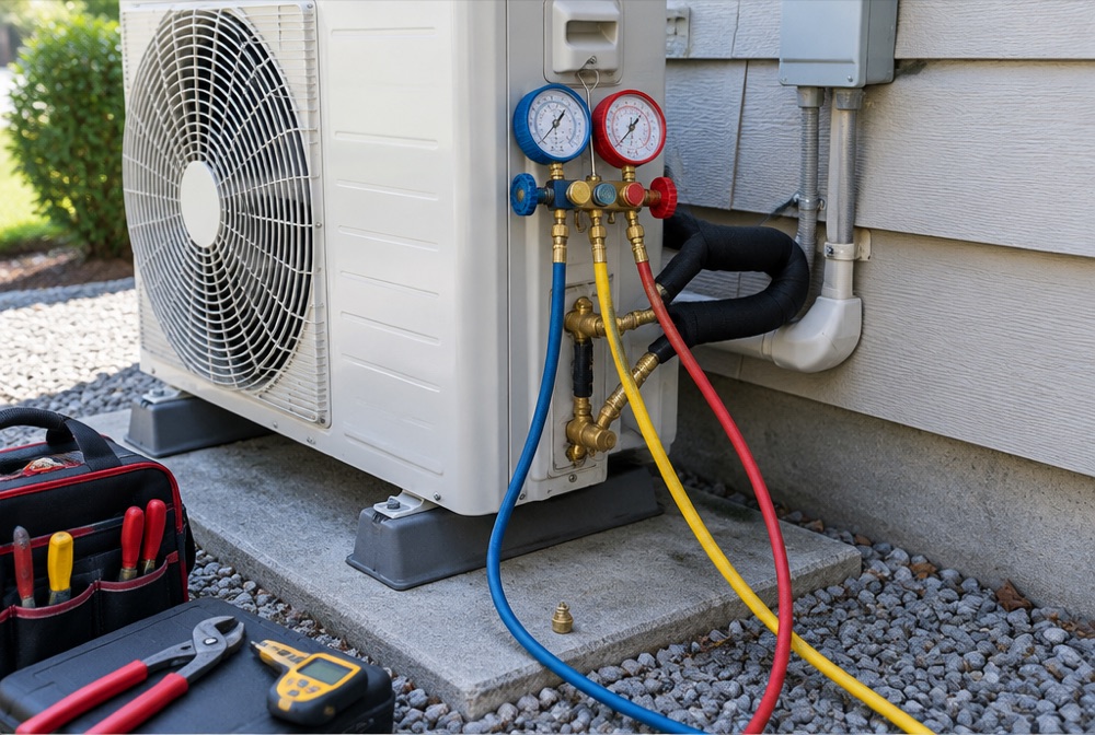 Mini-split outdoor condenser being serviced with a refrigerant gauge manifold