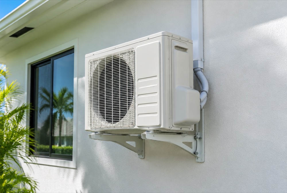 New ductless mini-split outdoor condenser unit on a Miami home exterior