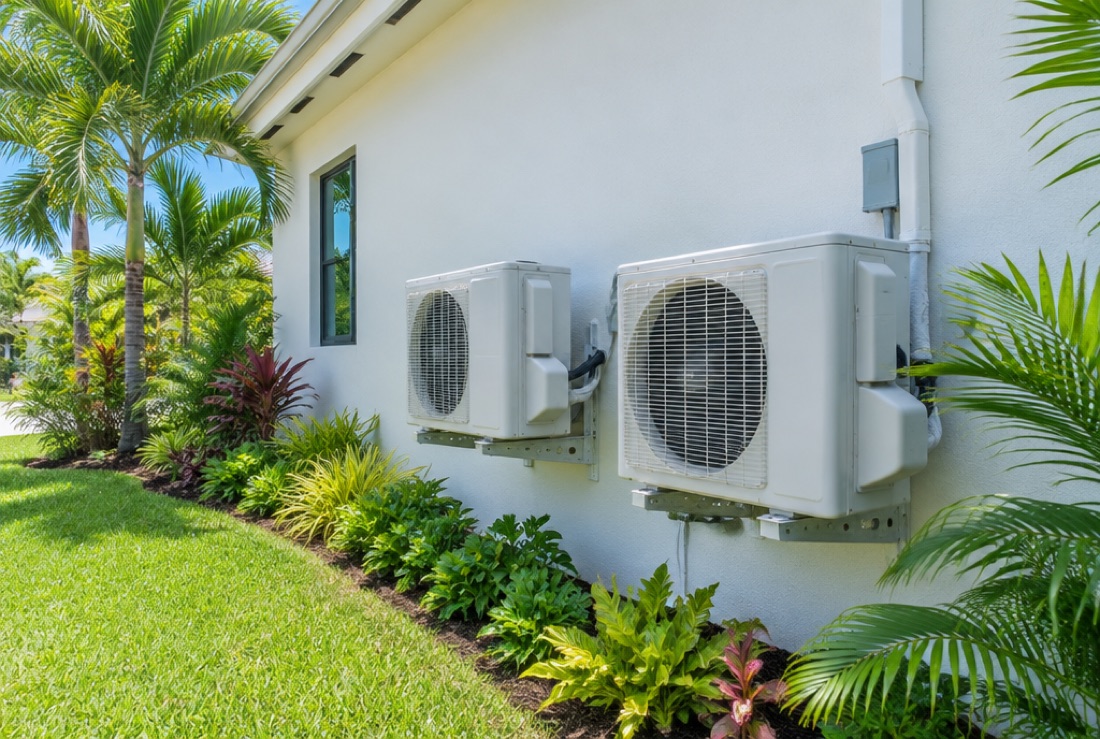 Ductless mini-split outdoor condensers on the side of a Miami home